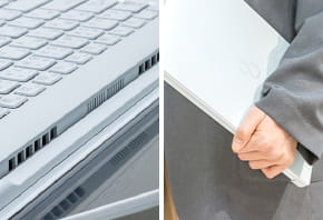 排気孔をヒンジ間に配置した快適な使用感に配慮したデザイン