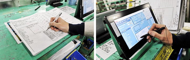 写真 2：従来、紙の指示書にボールペンで行なっていたチェック作業（左）。タブレットに置き換わったことにより、作業の標準化・効率化と確実なトレーサビリティを実現（右）。