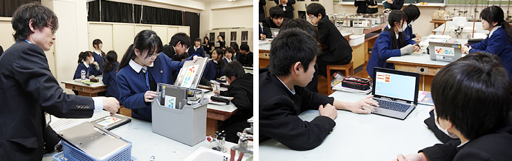 写真 1：笹目中学校でのタブレットを使った授業の様子。1グループにつき1台のタブレットを用いて学習を行っている。11.6型HDディスプレイなので、グループで同じ画面を見る際にも見やすい。