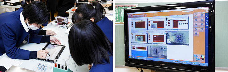 写真 3：タブレット用いることで、1つの画面を囲んだ協調型の学習が可能に（左）。各タブレットの画面は電子黒板でリアルタイムに共有できる（右）