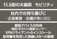 15.6型の大画面 モビリティ 社内での持ち運びに ・企画業務 ・会議が多い方に 認証デバイスの利用 ・指紋/手のひら静脈センサー VPNクライアントのインストール証明書を利用した無線LANへの接続