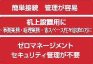 簡単接続 管理が容易 机上設置用に ・事務業務・経理業務・省スペース性を追求の方に ゼロマネージメント セキュリティ管理が不要