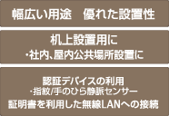 幅広い用途 優れた設置性 机上設置用に ・社内、屋内公共場所設置に 認証デバイスの利用 ・指紋/手のひら静脈センサー 証明書を利用した無線LANへの接続