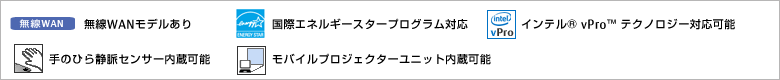 無線WANモデルあり。国際エネルギースタープログラム対応モデル。手のひら静脈センサー内蔵可能。モバイルプロジェクターユニット内蔵可能。