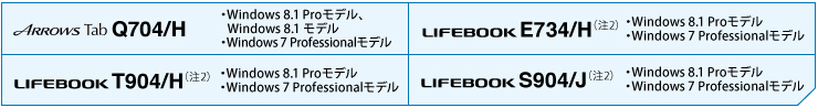 
ARROWS Tab Q704/H：Windows 8.1 Proモデル・Windows 8.1 モデル・Windows 7 Professionalモデル、
LIFEBOOK T904/H（注2）：Windows 8.1 Proモデル・Windows 7 Professionalモデル、LIFEBOOK E734/H（注2）：Windows 8.1 Proモデル・Windows 7 Professionalモデル、LIFEBOOK S904/H（注2）：Windows 8.1 Proモデル・Windows 7 Professionalモデル